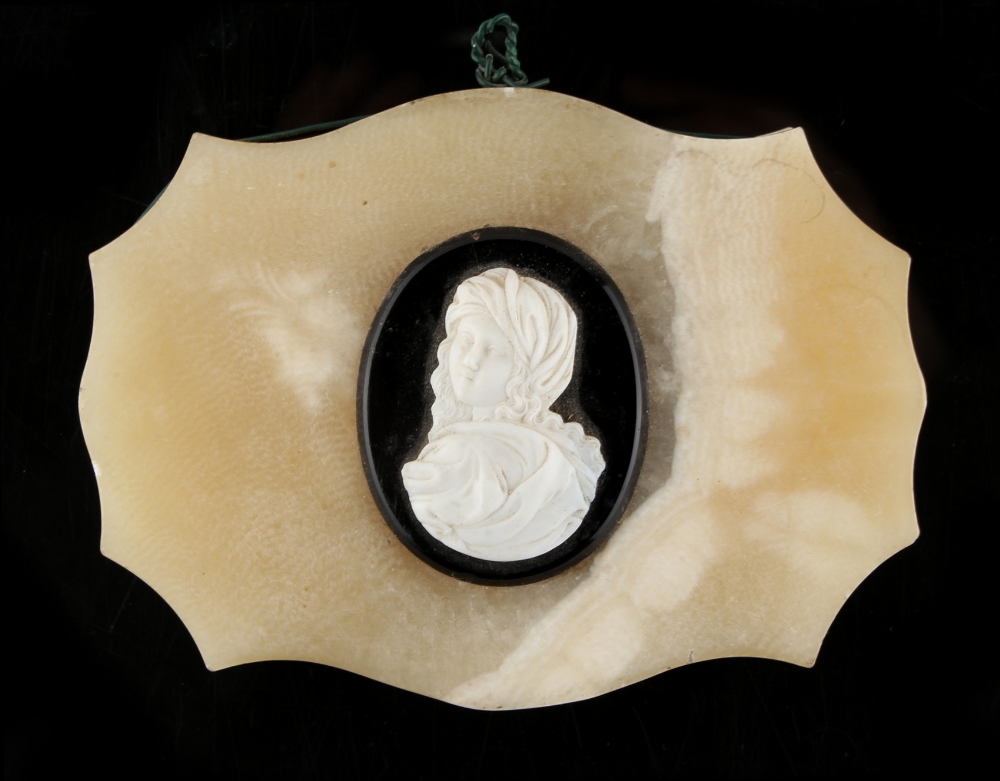 Property of a lady - a 19th century alabaster desk or paperweight with applied black & white