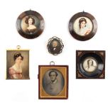 Property of a lady - a group of six 19th century portrait miniatures including a pair in