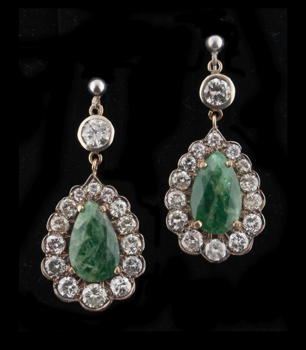 Property of a gentleman - a pair of 19th century diamond and emerald earrings, the pear shaped