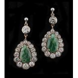 Property of a gentleman - a pair of 19th century diamond and emerald earrings, the pear shaped
