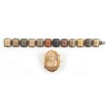 Property of a lady - a silver multi coloured larva cameo bracelet, the clasp tongue marked 96/NA and