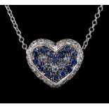 An 18ct white gold sapphire & diamond heart-shaped pendant on chain necklace, the round cut