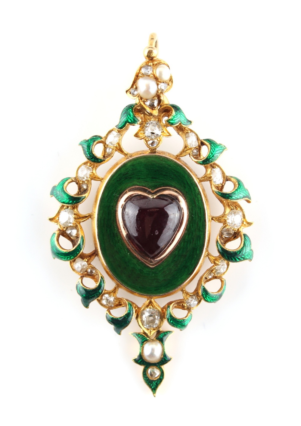 A good Victorian unmarked yellow gold garnet green enamel & diamond pendant, circa 1870, set with