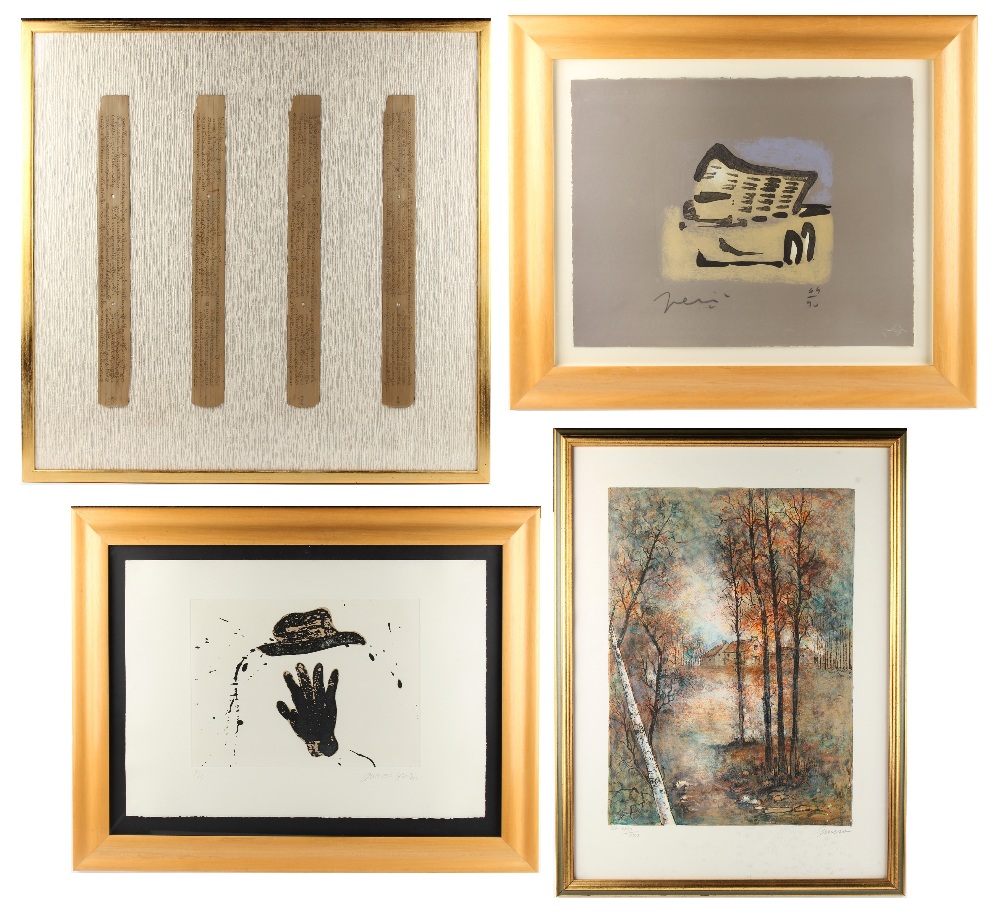 Property of a gentleman - three modern framed & glazed signed limited edition abstract prints, the