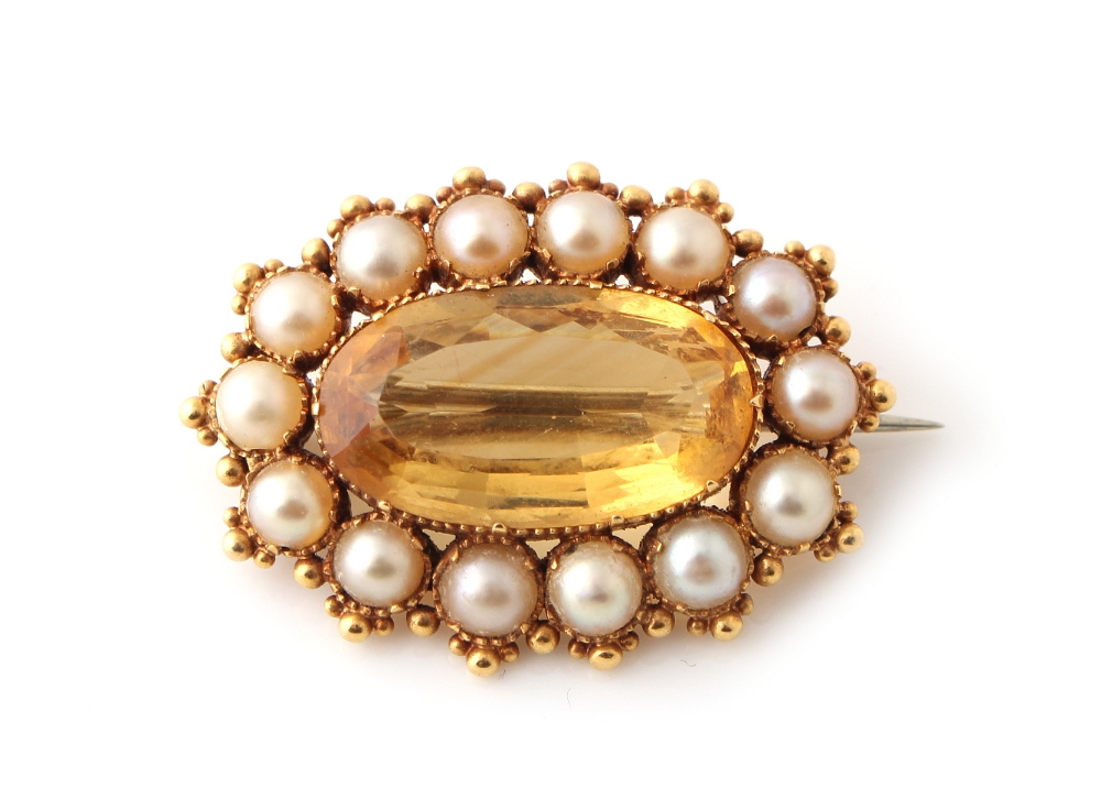 Property of a lady - a Victorian yellow gold citrine & pearl oval brooch, the oval cut citrine