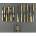 Property of a gentleman - a set of six each Victorian silver dessert knives & forks with carved