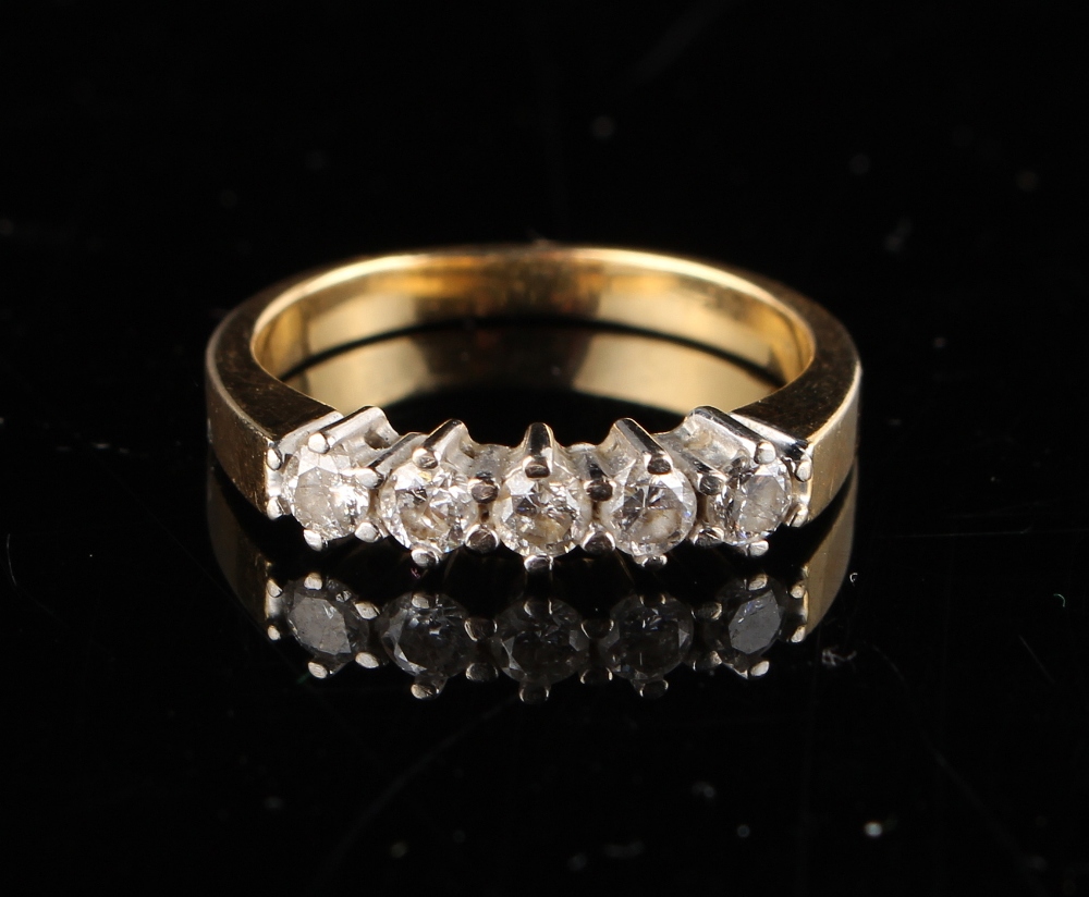 Property of a lady - an unmarked yellow gold five stone diamond ring, the estimated total diamond - Image 2 of 2