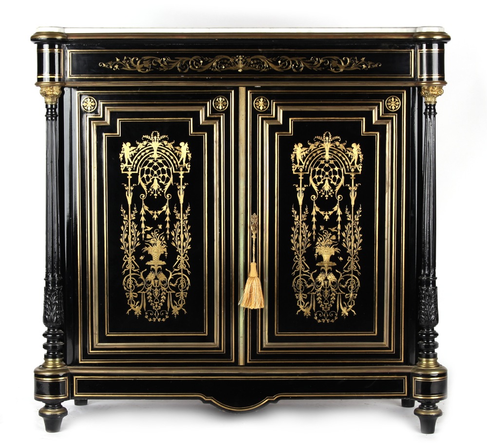 Property of a lady - a good 19th century French ebonised Boulle style side cabinet, with white