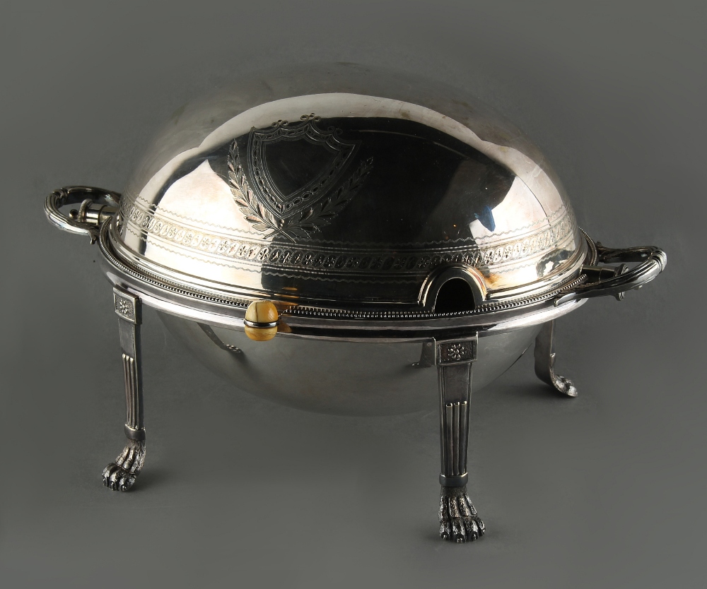 Property of a deceased estate - an Edwardian silver plated roll-top breakfast dish, 13.4ins. (