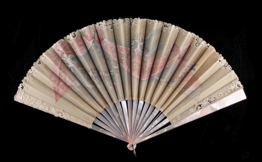 Property of a lady - a late 19th / early 20th century mother-of-pearl & painted silk fan depicting