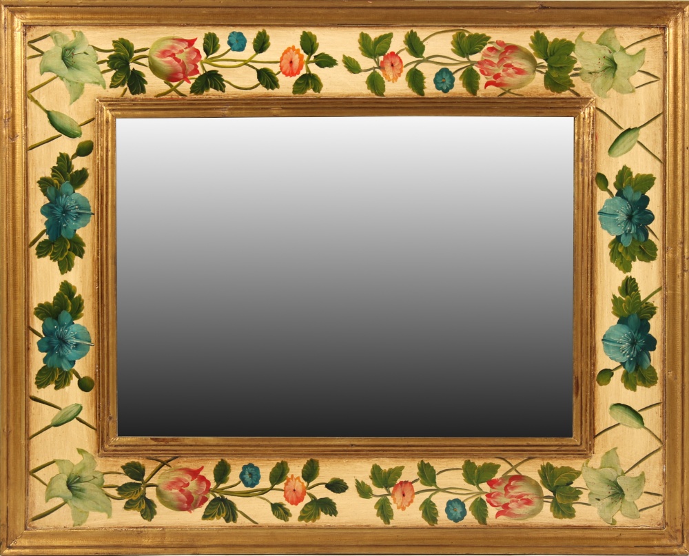 Property of a lady - a modern gilt & floral painted rectangular framed wall mirror, 33 by 41.