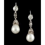 A good pair of natural saltwater pearl & diamond pendant drop earrings, for pierced ears, the two