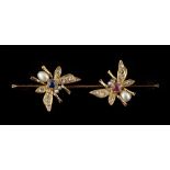 A late 19th / early 20th century 15ct yellow gold ruby sapphire pearl & diamond twin fly brooch, 1.