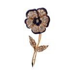 A good Victorian yellow gold diamond & blue enamel floral brooch, circa 1850, pave set with Old
