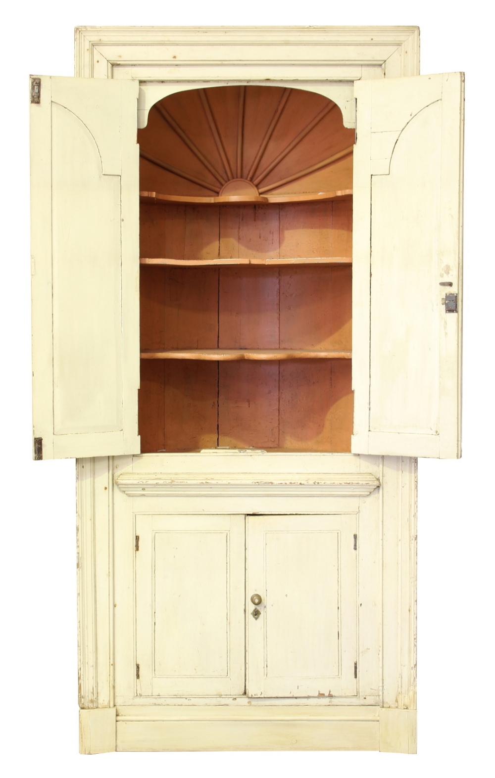 Property of a gentleman - a George III painted pine architectural corner cabinet, with vaulted