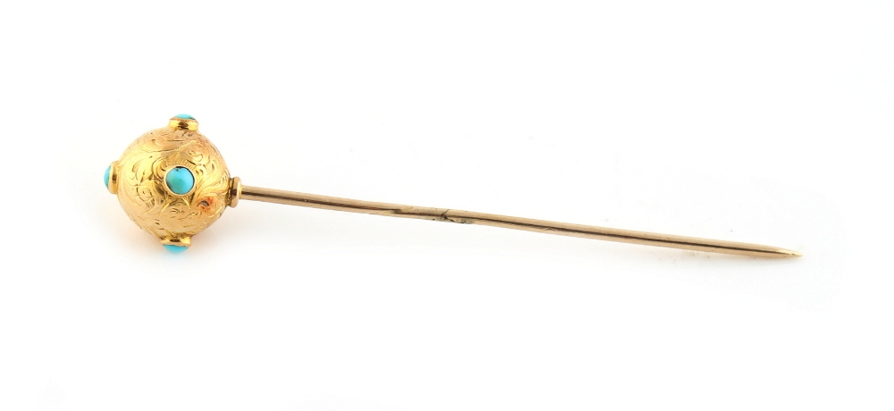 Property of a lady - a Victorian unmarked yellow gold stickpin with engraved ball terminal set