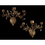 Property of a lady - a pair of gilt metal three branch wall light candle sconces, modelled as