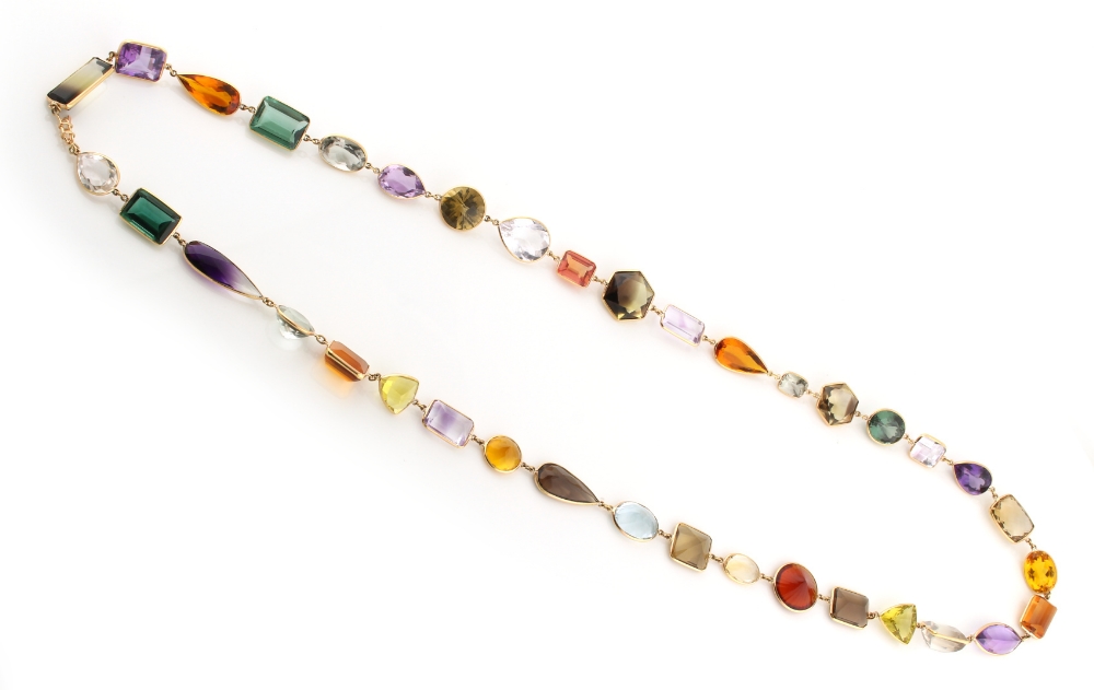 An unusual yellow gold & multi gem set opera necklace, the variously coloured gems of various - Image 2 of 2