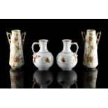 Property of a lady - a pair of Victorian pottery vases painted with butterflies, each 7.9ins. (