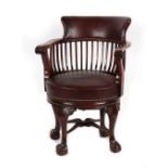 Property of a deceased estate - an early 20th mahogany swivel desk chair, with cabriole legs