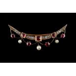Property of a lady - a late Victorian ruby pearl & diamond crescent brooch, stamped RD.195316, the