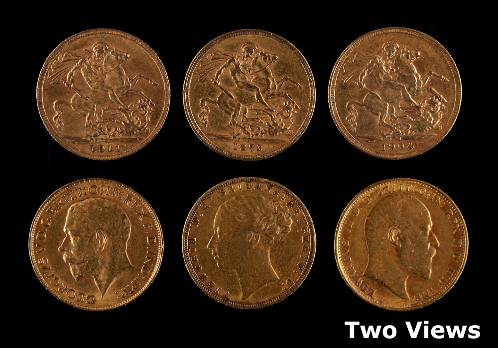 Property of a deceased estate - gold coins - three gold sovereigns, 1873, 1904 and 1911 (3) (see