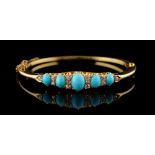 A Victorian 18ct yellow gold turquoise & diamond hinged bangle, circa 1870, the five graduated