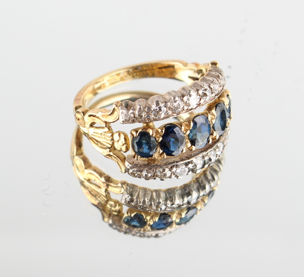 Property of a lady - an unusual Victorian unmarked yellow gold sapphire & diamond three row ring,