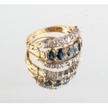Property of a lady - an unusual Victorian unmarked yellow gold sapphire & diamond three row ring,