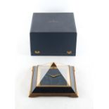 Property of a lady - a 1960's Jaeger Le Coultre brass & faux lapis lazuli pyramid clock, 7.7ins. (