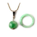 Property of a lady - a Chinese jadeite bead pendant on white metal (probably white gold) chain