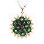 An unmarked yellow gold ruby diamond enamel & pearl circular pendant, circa 1890, of green & white