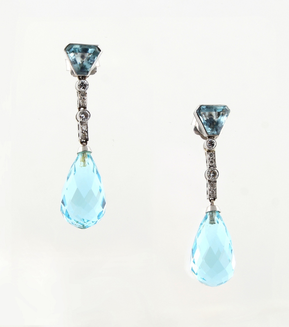 A good pair of aquamarine & diamond pendant drop earrings, with post & butterfly fastenings, each