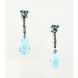 A good pair of aquamarine & diamond pendant drop earrings, with post & butterfly fastenings, each