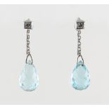 A pair of aquamarine & diamond pendant drop earrings, for pierced ears, each with a single pear