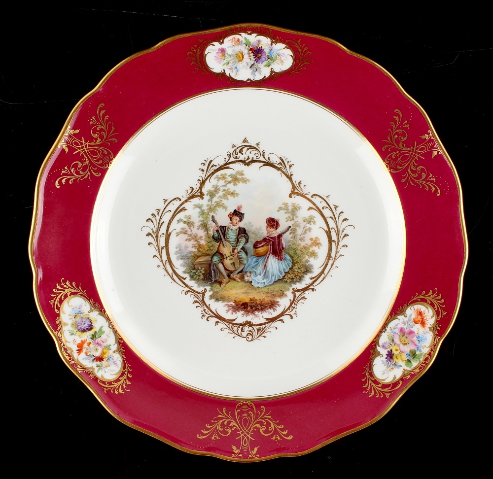 Property of a lady - a 19th century Meissen cabinet plate, painted with musicians in a landscape