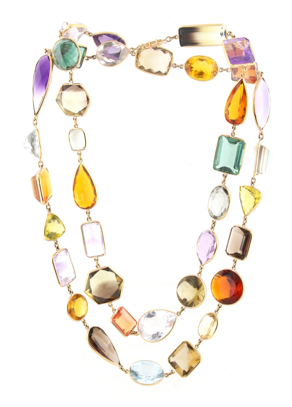 An unusual yellow gold & multi gem set opera necklace, the variously coloured gems of various