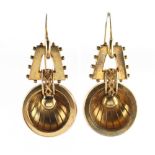 A pair of Victorian yellow gold pendant earrings, circa 1870, for pierced ears, each approximately