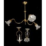 Property of a lady - a brass triple ceiling light with frosted glass shades, approximately 24ins. (