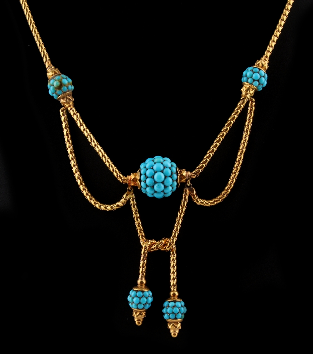 Property of a deceased estate - a Victorian unmarked yellow gold turquoise necklace, approximately