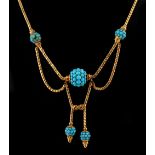 Property of a deceased estate - a Victorian unmarked yellow gold turquoise necklace, approximately