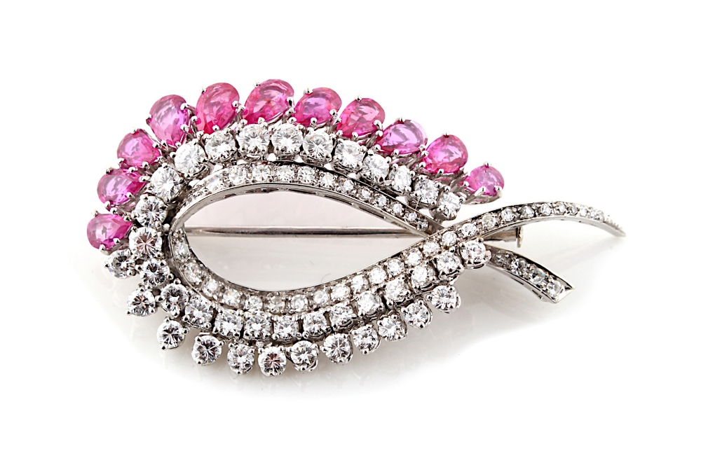 A fine white gold untreated Burmese ruby & diamond ribbon brooch, the eleven graduated pear shaped - Image 2 of 3