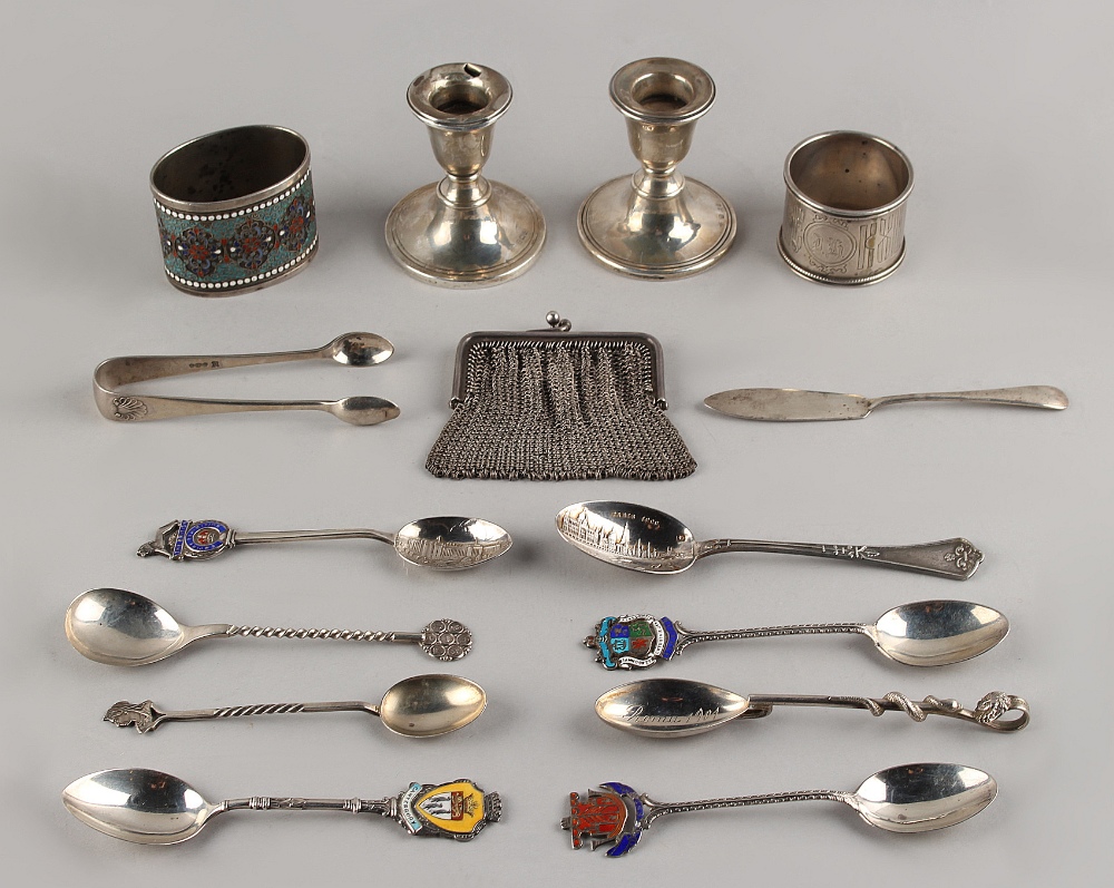 Property of a lady - a bag containing assorted small silver & white metal items including an 1886