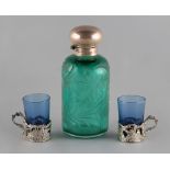 Property of a deceased estate - a green glass scent bottle with etched floral decoration & hinged