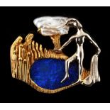 An unusual modernist 14ct yellow & white gold lapiz lazuli & blister pearl brooch modelled as a