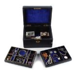 Property of a deceased estate - a black leather jewellery box containing silver & other jewellery (
