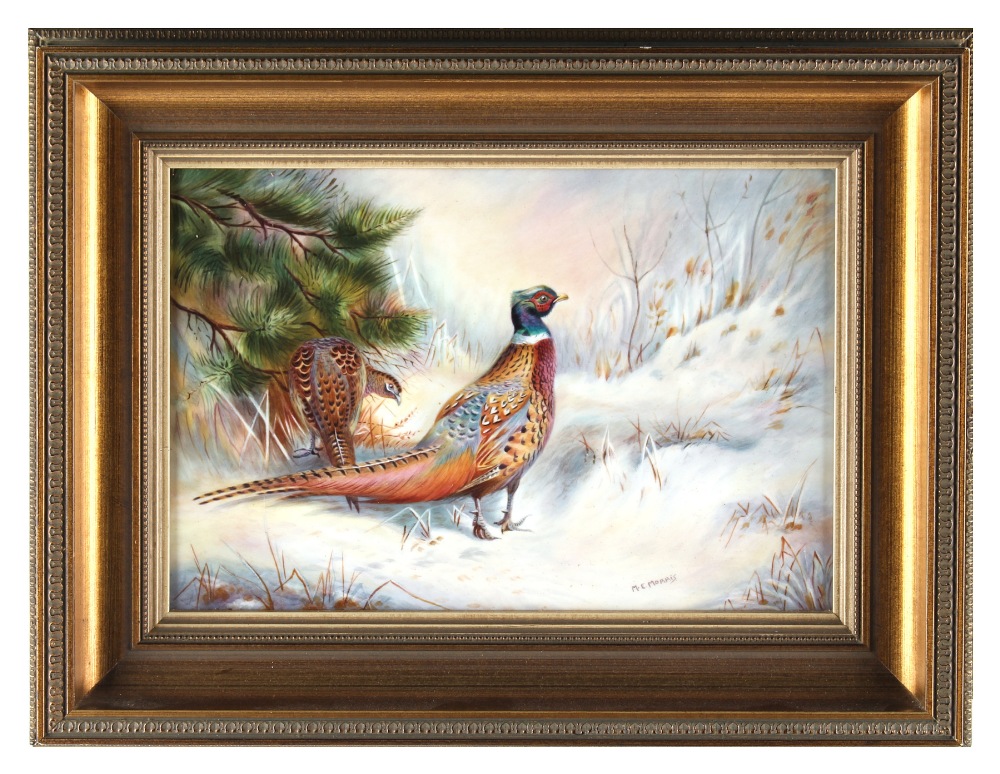 Property of a deceased estate - a porcelain rectangular plaque painted with a cock & hen pheasant in