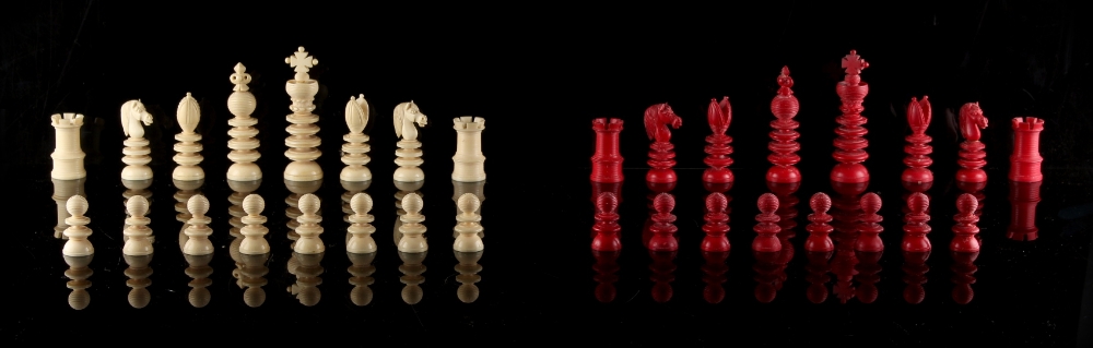 Property of a gentleman - a 19th century English ivory Lund type chess set, complete, the kings