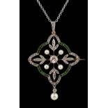 An attractive Belle Epoque emerald diamond & pearl openwork brooch or pendant on chain necklace, the