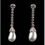 A large pair of certificated natural saltwater pearl & diamond drop earrings, the two pearls of